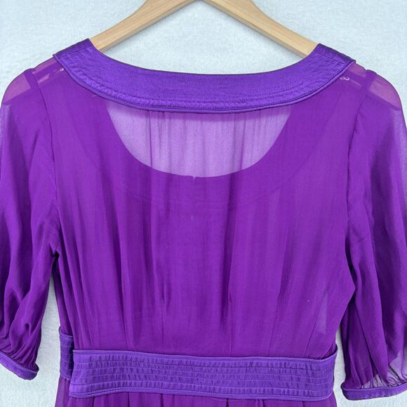 CALYPSO Dress S Small CHRISTIANE CELLE Silk Sheer Satin Trim Knee Length Purple - Picture 4 of 15